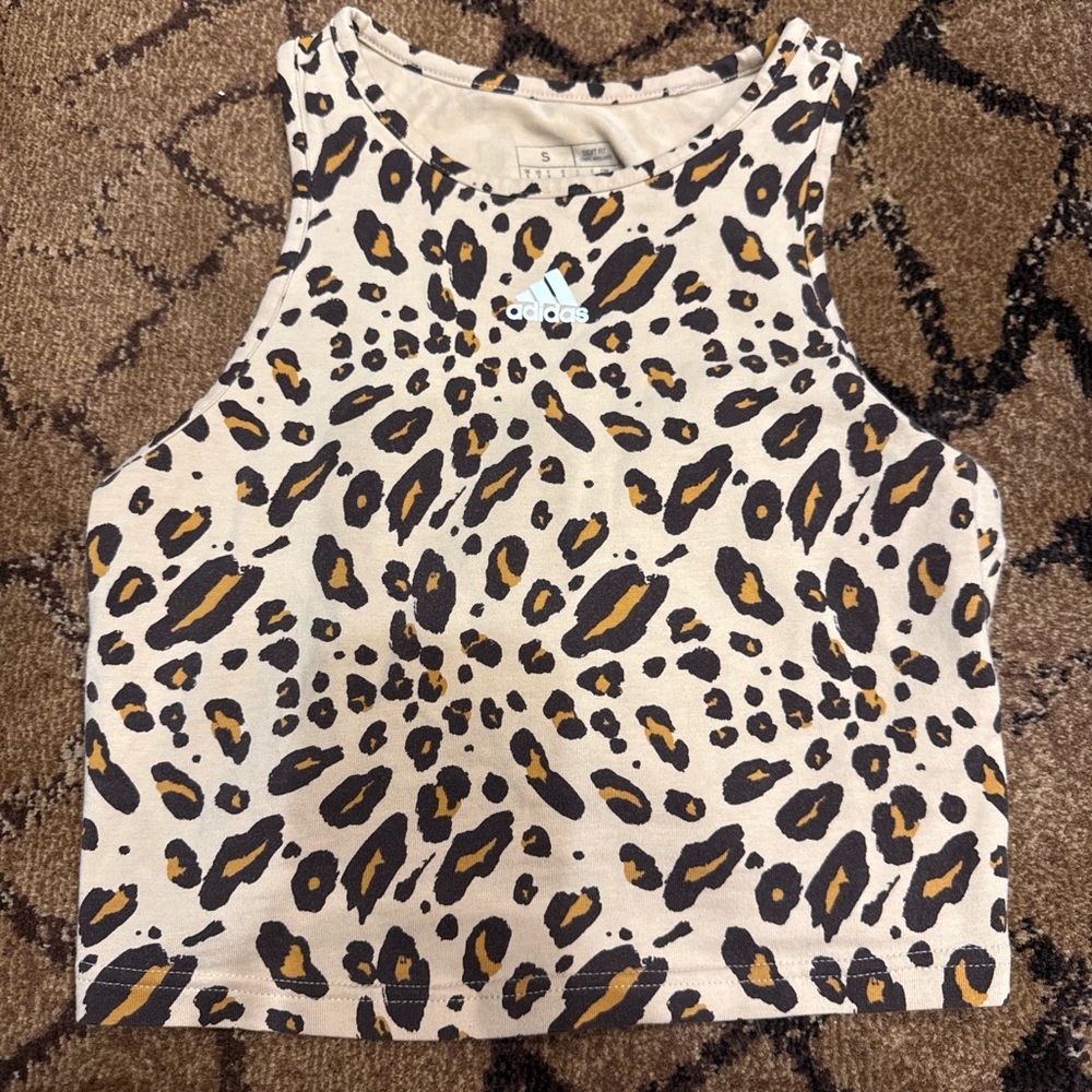 adidas Leopard Print Cropped Tank Top in White, Black & Gold